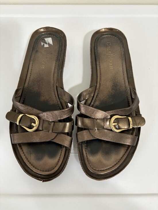 Cole Haan Shoes - Cole Haan Brown Bronze Leather Slip On Buckle Sandals